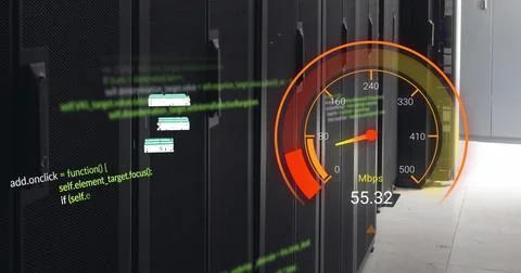 Image of data processing and server room over speedometer Stock Illustration