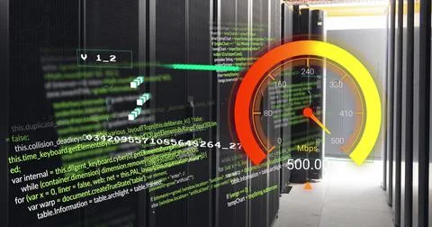 Image of data processing and server room over speedometer 스톡 일러스트