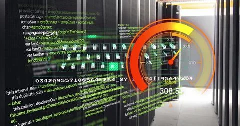 Image of data processing and server room over speedometer Stock Illustration