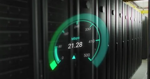 Image of data processing and server room over speedometer Stock Illustration