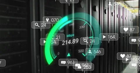 Image of data processing and server room over speedometer Stock Illustration