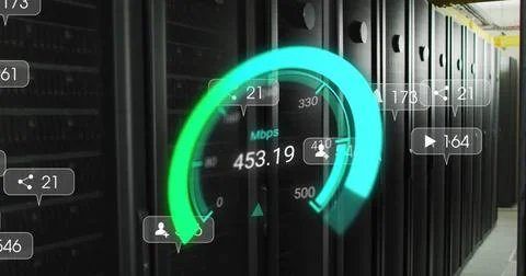 Image of data processing and server room over speedometer Illustrazione stock