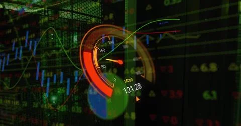 Image of data processing and server room over speedometer Foto stock