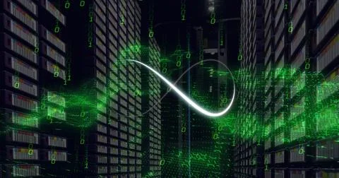 Image of data processing and shape over server room Stock Photos