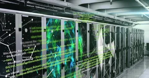 Image of data processing and shapes over server room 스톡 일러스트
