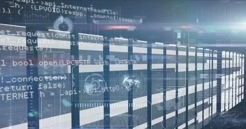 Image of data processing and shapes over server room Stock Illustration