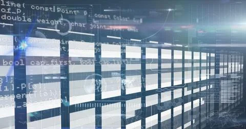 Image of data processing and shapes over server room Stockillustratie