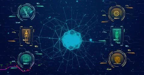 Image of data processing and shapes on blue background Stock Illustration