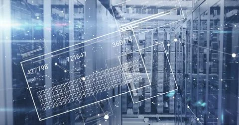 Image of data processing and shapes over server room Illustrazione stock