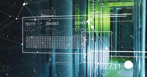 Image of data processing and shapes over server room Illustrazione stock