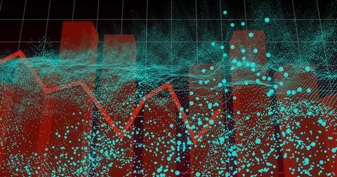 Image of data processing and shapes on black background Stockillustratie