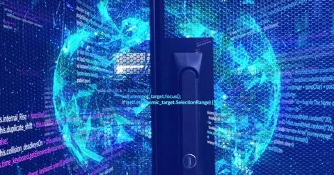 Image of data processing and shapes over server room Stock Illustration