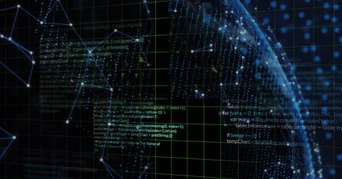 Image of data processing and shapes on black background 스톡 일러스트