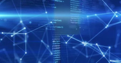 Image of data processing and shapes on blue background Illustrazione stock