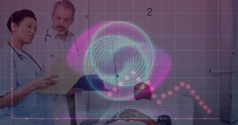 Image of data processing and shapes over patient and diverse doctors talking 写真素材