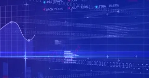 Image of data processing and shapes over blue background Foto stock