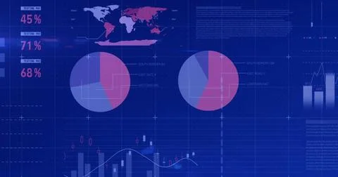 Image of data processing and shapes over blue background Stockfoto's