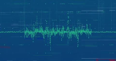 Image of data processing and shapes over blue background 写真素材