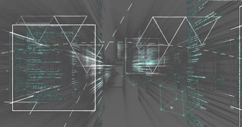 Image of data processing and shapes over gray background Stock Photos