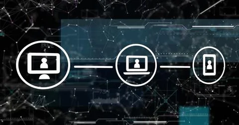 Image of data processing and shapes over network of connections with icons 스톡 사진