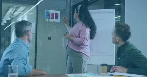 Image of data processing and shapes over diverse colleagues discussing work Stock Photos