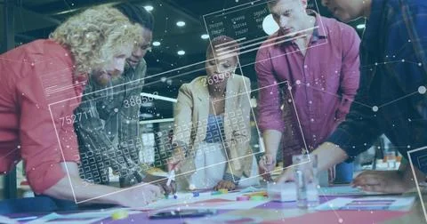 Image of data processing and shapes over diverse colleagues discussing work Stock Photos