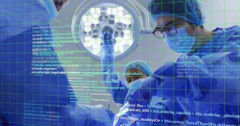 Image of data processing and shapes over diverse surgeons wearing face masks Stock Photos