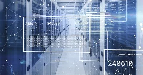 Image of data processing and shapes over server room Stock Photos