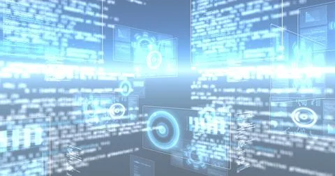 Image of data processing and shapes moving on black background 스톡 사진