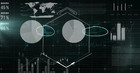 Image of data processing and shapes on black background Stock Photos