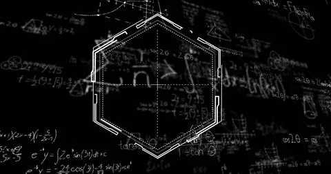 Image of data processing and shapes on black background 스톡 사진