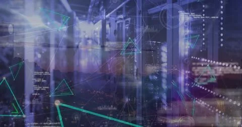 Image of data processing and shapes over server room Stock Photos