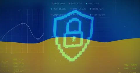 Image of data processing and shield with padlock over flag of ukraine Illustrazione stock