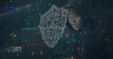 Image of data processing and shield with padlock over african american male 写真素材
