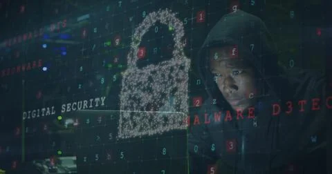 Image of data processing and shield with padlock over african american male 写真素材