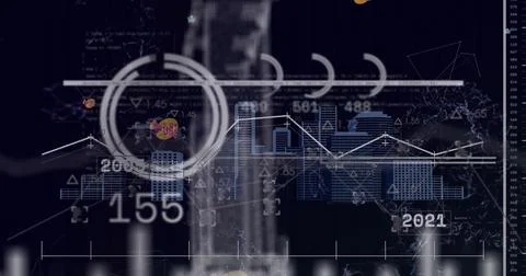 Image of data processing and social media icons against 3d tall buildings model Stock Photos