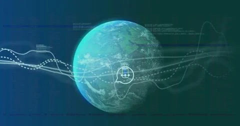 Image of data processing and social media icons over globe on black background 스톡 사진