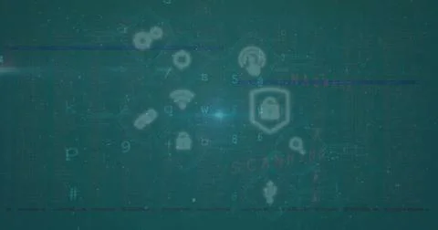 Image of data processing and social media icons on black background Stock Photos