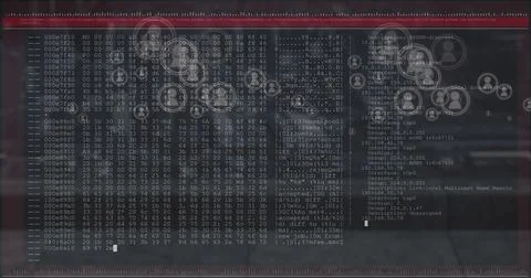 Image of data processing and social media icons over dark background 스톡 사진