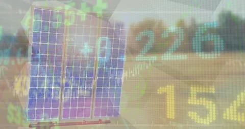 Image of data processing and solar panels over landscape Stockillustratie