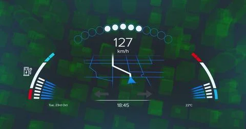 Image of data processing and speedometer and black background Stock Photos