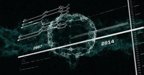 Image of data processing and spinning brain over dna strand Foto stock