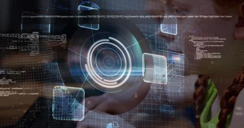 Image of data processing and spinning globe against caucasian girl using Foto stock