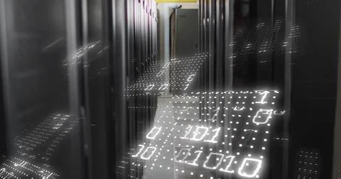 Image of data processing and spots over server room Stock Illustration