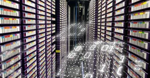 Image of data processing and spots over server room Illustrazione stock