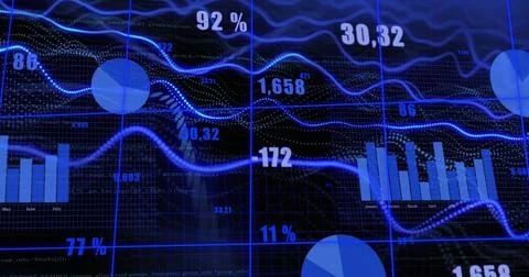 Image of data processing and spots on black background Stock Photos