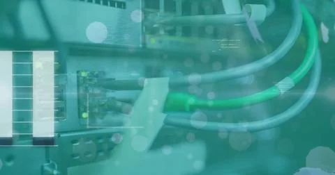 Image of data processing and spots of light against close up of a computer Stockfoto's