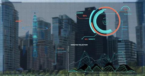 Image of data processing and spots on black background Foto stock