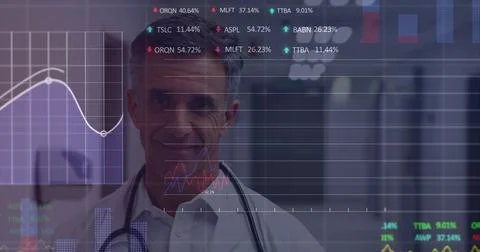 Image of data processing and squares over male doctor with financial data p.. Stock Photos