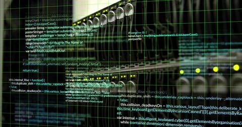 Image of data processing and squares over server room Stock Photos